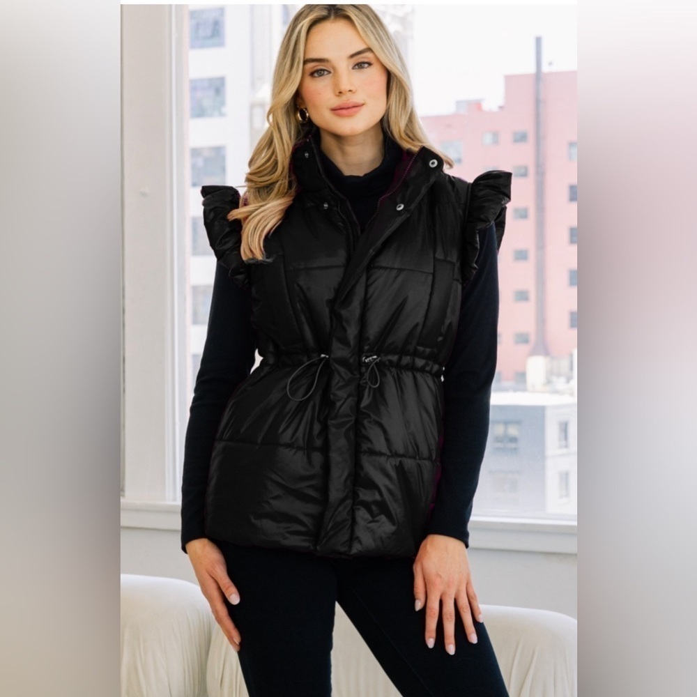 Ms. Diva Plus Black Puffer Vest w/Ruffled Sleeves - Picture 1 of 6